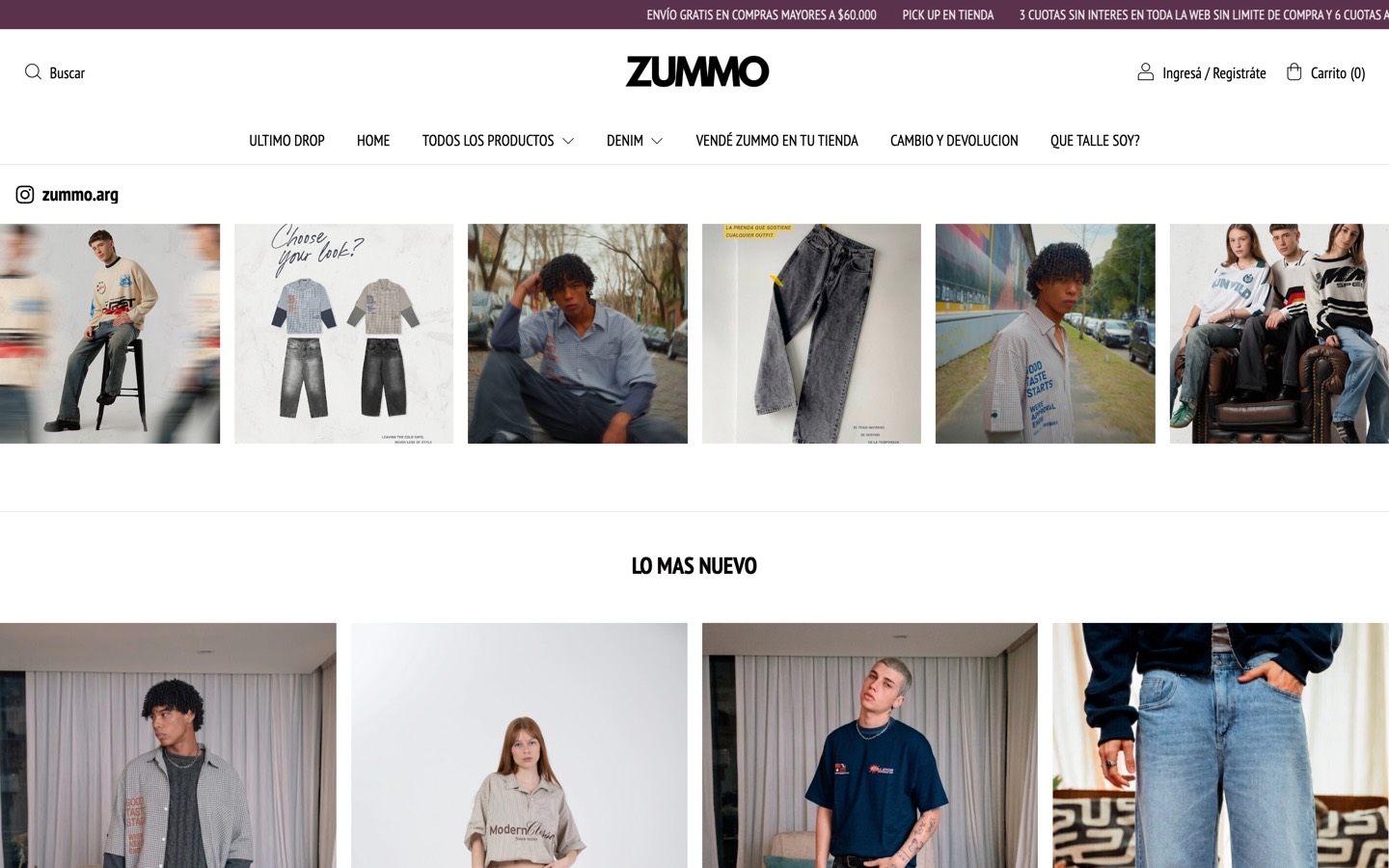 Portada de la tienda online de Zummo en computadora, con el menú por categorías y los últimos productos