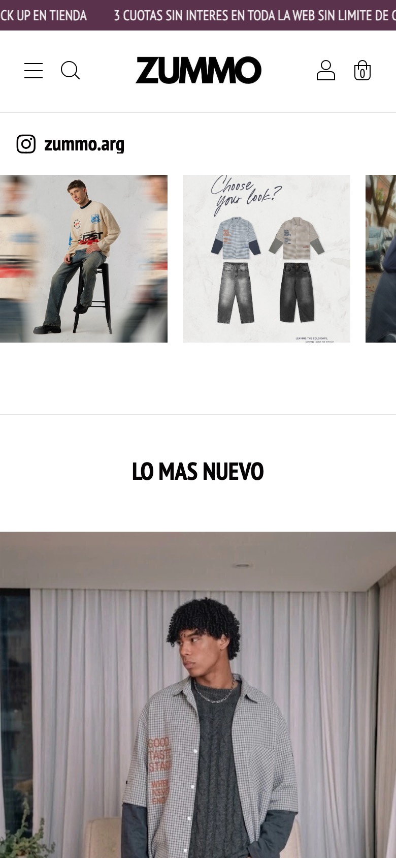 Tienda online de Zummo en el celular, con el menú, el feed de Instagram y los productos nuevos